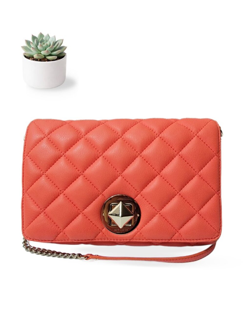 Kate Spade Quilted Bag Coral Leather Turnlock Flap Chain Shoulder Bag Orange
